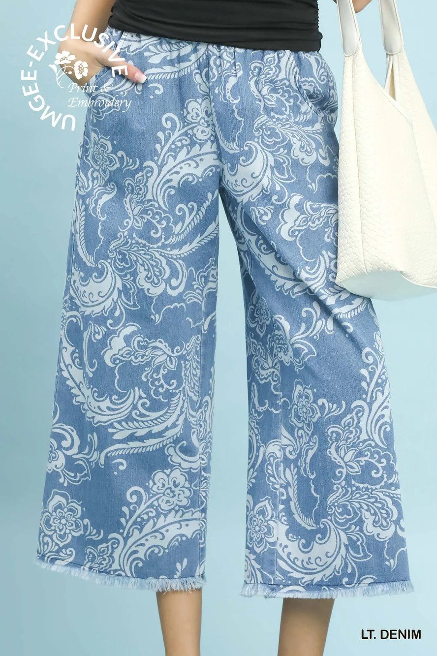 K2043 Denim | Umgee Stone Wash Wide Leg Crop Pants | Sizes S-L